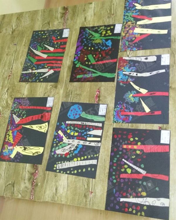 幼儿园美术作品展示白桦林图片