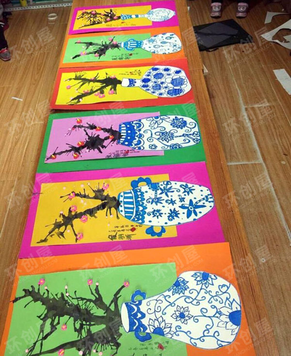 幼儿园青花瓷插花瓶作品展示图片