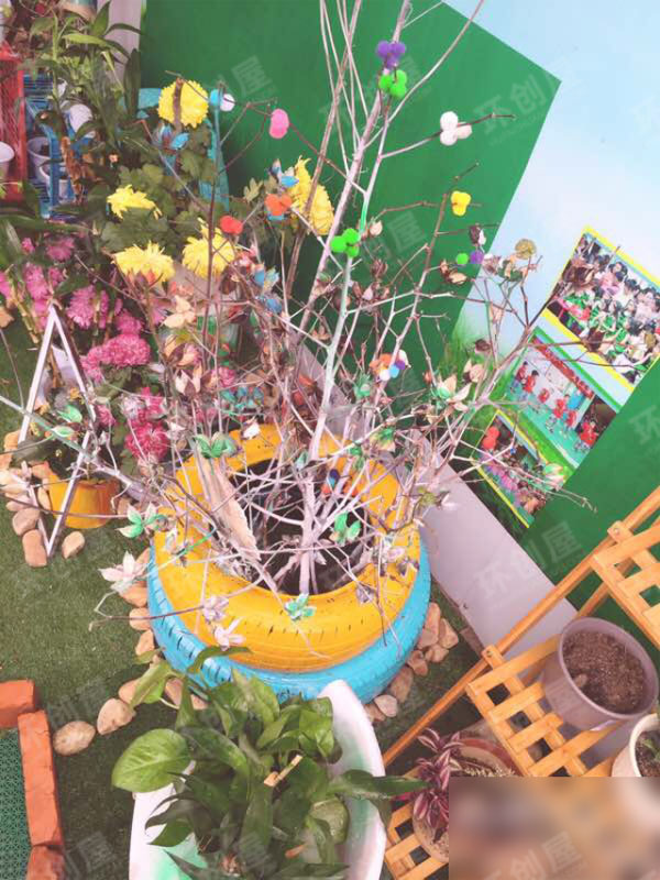 幼儿园户外轮胎造型植物角环创图片