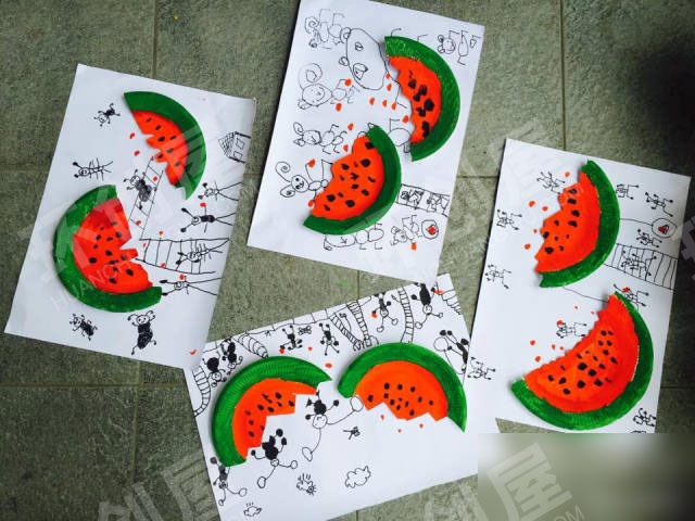 幼儿园作品展示绘画蚂蚁吃瓜图片