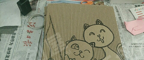幼儿园阅读区自制绘本纸板画小猫钓鱼图片