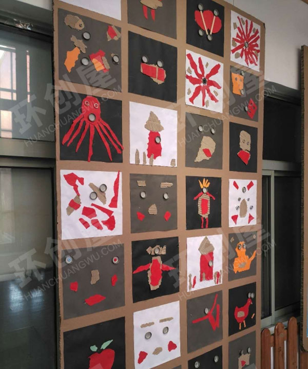 幼儿园硬纸板创意画墙面作品展示图片