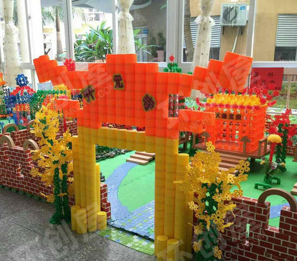 幼儿园建构区雪花片搭建开元寺作品展示图片