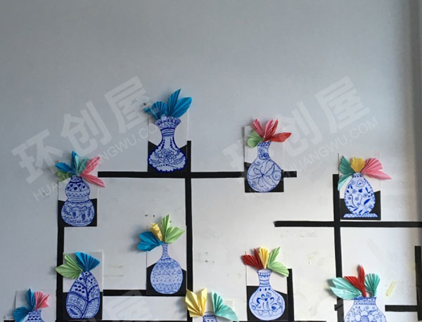 幼儿园中国风青花瓷墙面作品展示图片