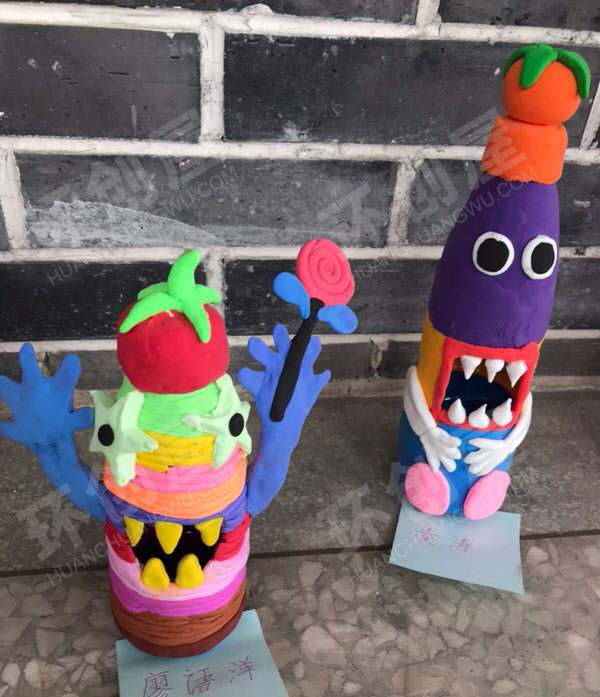 幼儿园废旧塑料瓶和黏土的结合作品展示图片