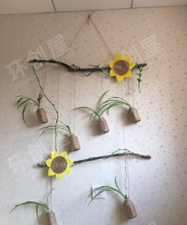 幼儿园棉麻线绳植物作品墙面布置图片