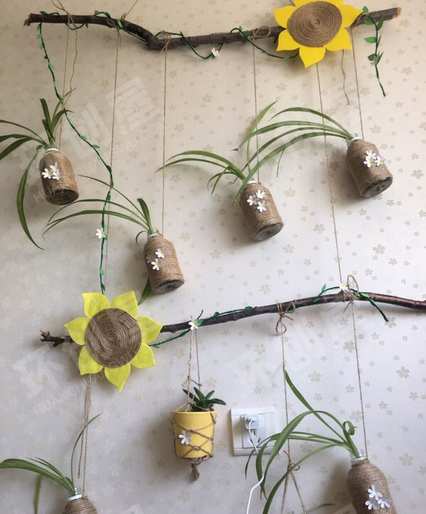 幼儿园棉麻线绳植物作品墙面布置图片