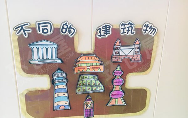 幼儿园建构区墙面图画不同建筑搭建方法图片
