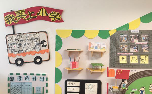 幼儿园绿色系我要上小学主题墙图片