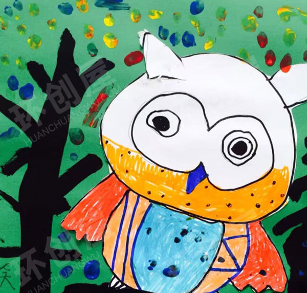 幼儿园猫头鹰线描装饰画作品展示图片
