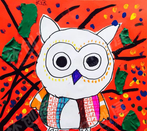 幼儿园猫头鹰线描装饰画作品展示图片