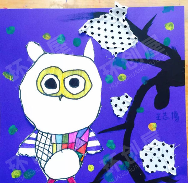 幼儿园猫头鹰线描装饰画作品展示图片