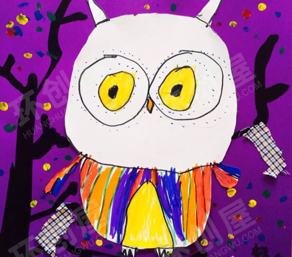 幼儿园猫头鹰线描装饰画作品展示图片