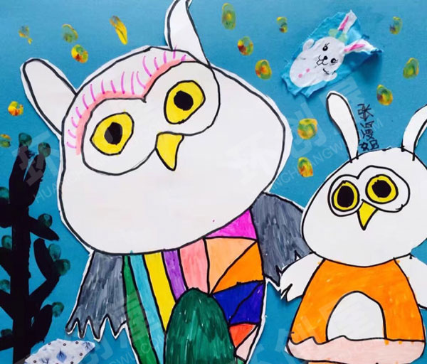 幼儿园猫头鹰线描装饰画作品展示图片