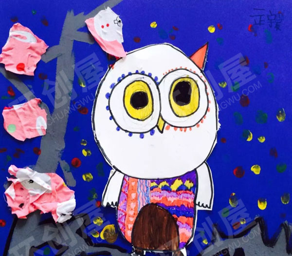 幼儿园猫头鹰线描装饰画作品展示图片