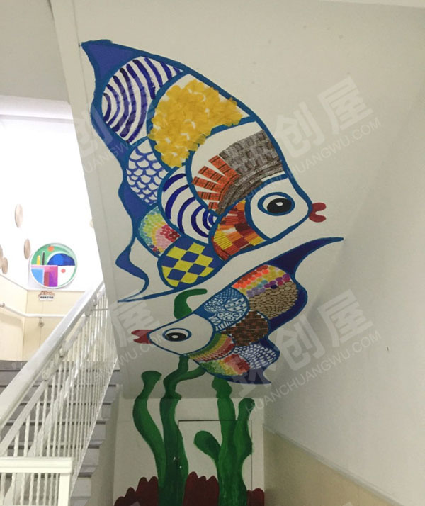 幼儿园走廊楼梯墙面废物利用画作图片