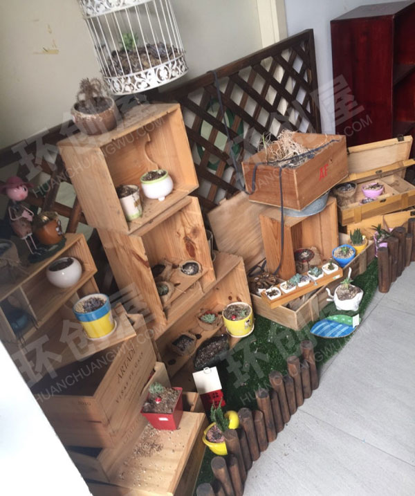 幼儿园走廊植物角多肉红酒箱图片