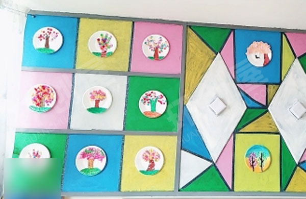 幼儿园美工区纸盘上春天的树图片