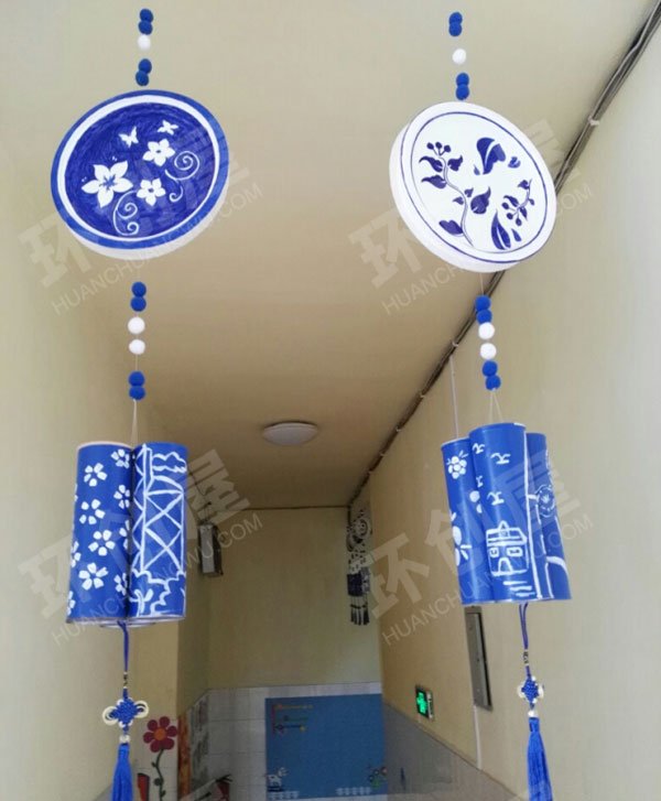幼儿园青花瓷纸盘画吊饰图片