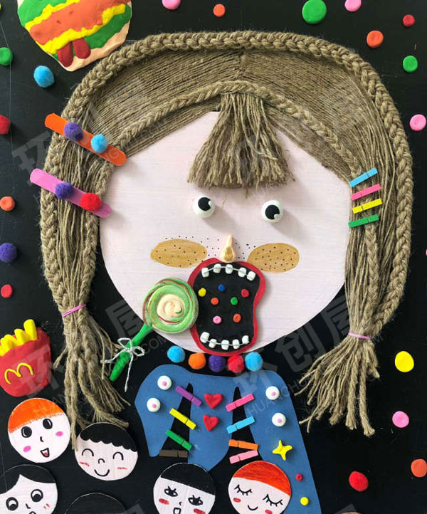 幼儿园美工区废物利用棉麻线绳大胆娃娃创意图片