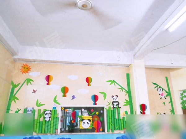幼儿园清新绿熊猫主题墙面布置图片