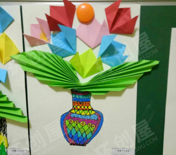 幼儿园折纸绘画花瓶作品展示图片