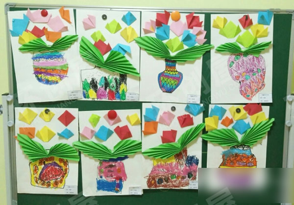 幼儿园折纸绘画花瓶作品展示图片