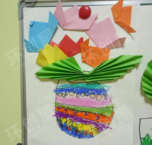 幼儿园折纸绘画花瓶作品展示图片