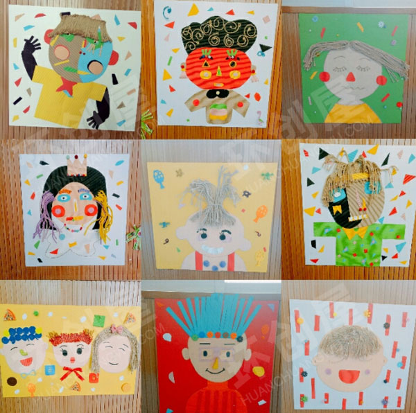 幼儿园走廊墙面卡通小人戴帽子创意作品展示图片
