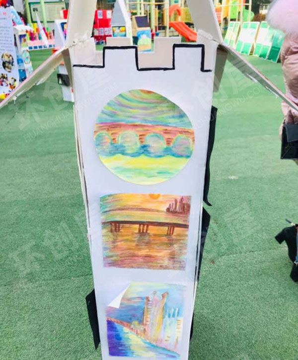 幼儿园美术创意画作工艺品户外展览图片