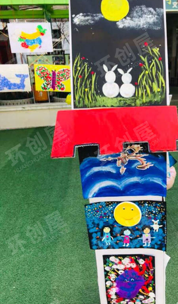 幼儿园美术创意画作工艺品户外展览图片