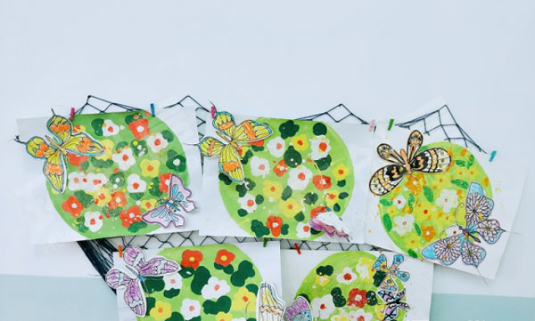幼儿园水粉花圃蜡笔蝴蝶作品展示图片