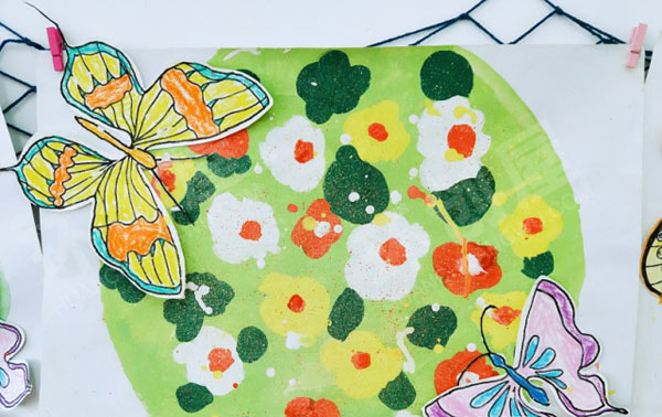 幼儿园水粉花圃蜡笔蝴蝶作品展示图片