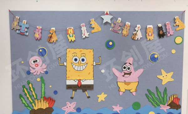 幼儿园海绵宝宝背景墙面布置图片