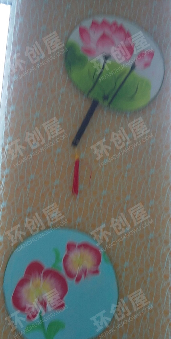 幼儿园国风走廊石柱团扇绘画挂饰图片