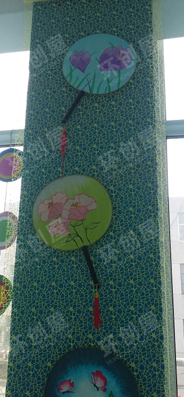 幼儿园国风走廊石柱团扇绘画挂饰图片