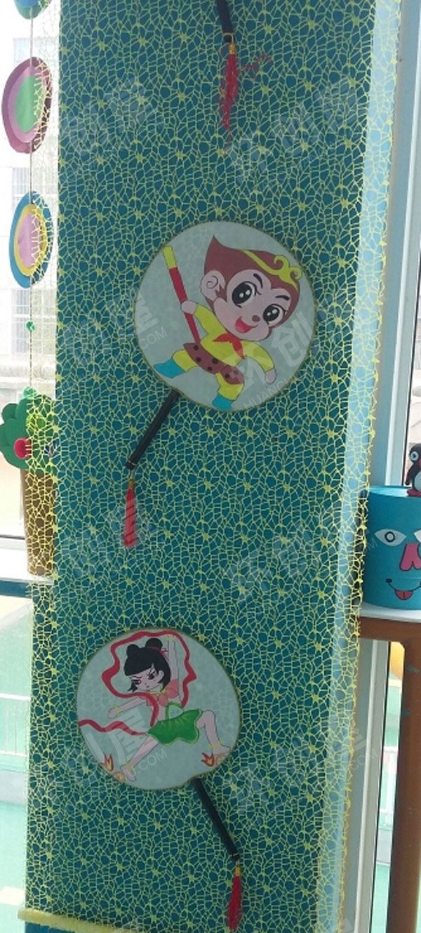 幼儿园国风走廊石柱团扇绘画挂饰图片