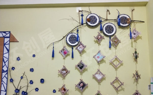 幼儿园青花瓷风格静待花开墙面布置图片