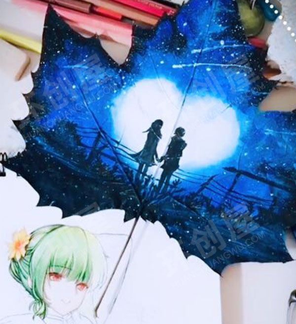幼儿园走廊墙面枫叶上的星空图片