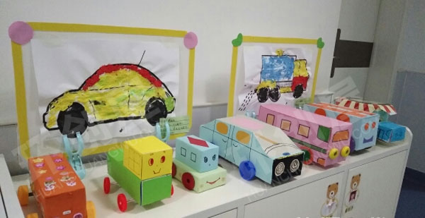 幼儿园不同材料做的小汽车作品展示图片