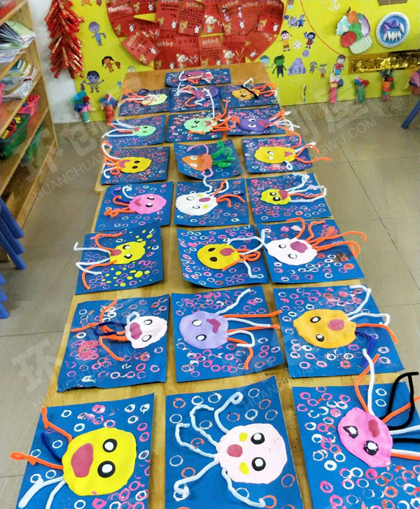 幼儿园彩泥毛根水粉粘土章鱼作品展示图片