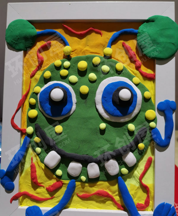 幼儿园美工区手工粘土作品相框小怪兽图片