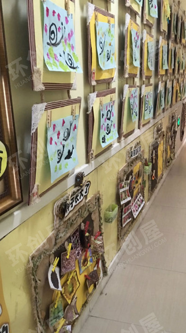 幼儿园原木风树枝木片走廊作品展示图片