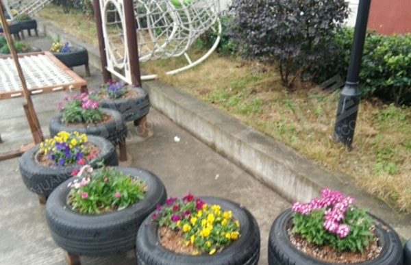 幼儿园废物利用花盆户外五颜六色的花图片
