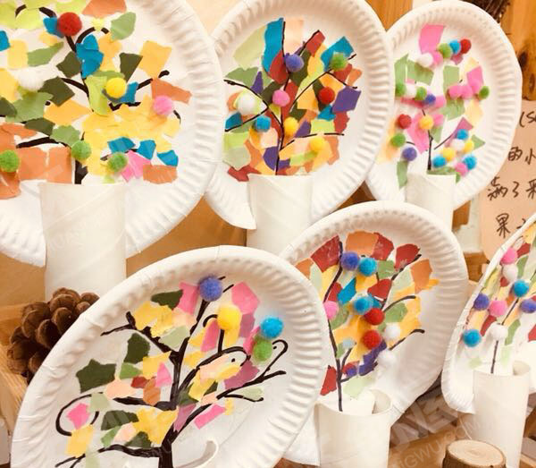 幼儿园纸盘撕纸树干果博物馆作品展示图片