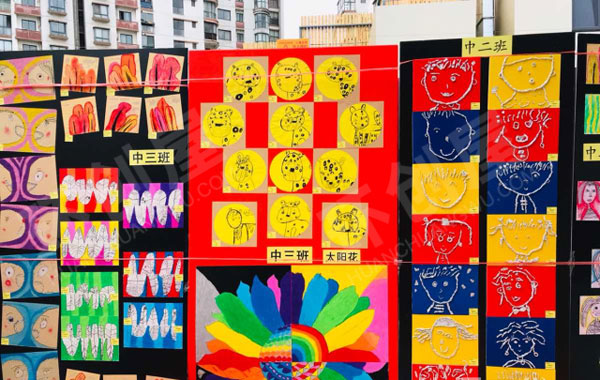 幼儿园户外各种创意美术作品展板图片