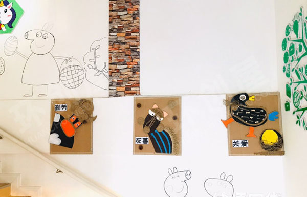 幼儿园作品展示楼梯墙面卡通小人物环创图片