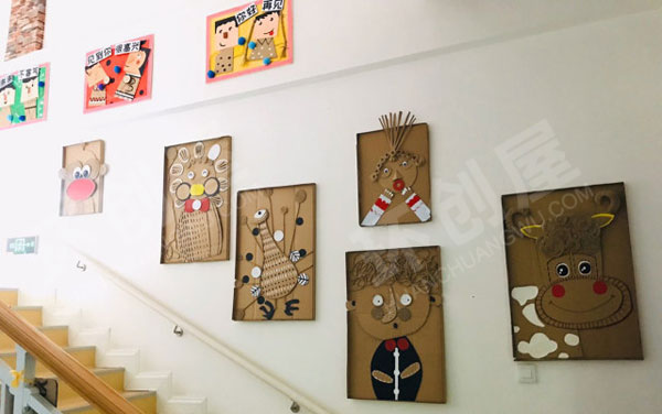 幼儿园作品展示楼梯墙面卡通小人物环创图片