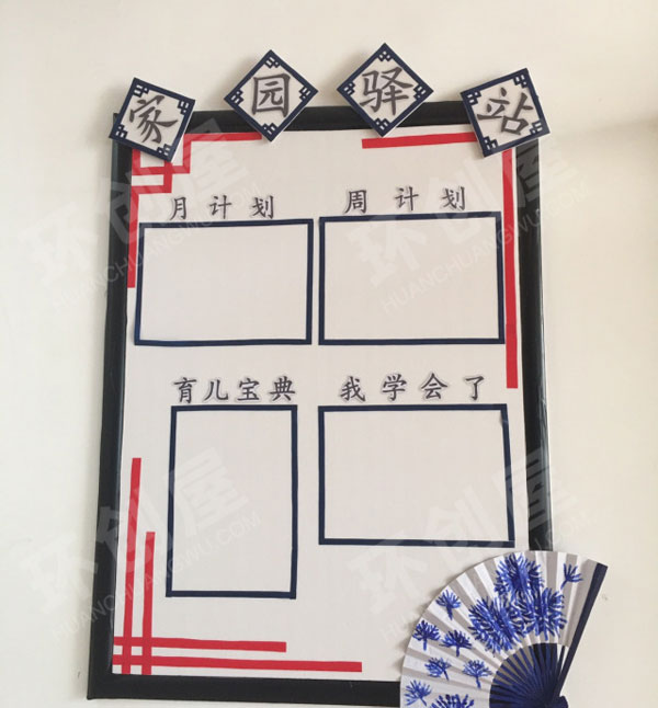 幼儿园中国风青花扇子系列家园联系栏图片