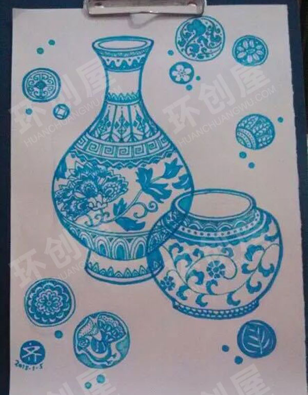 幼儿园青花瓷花纹各式作品展示图片